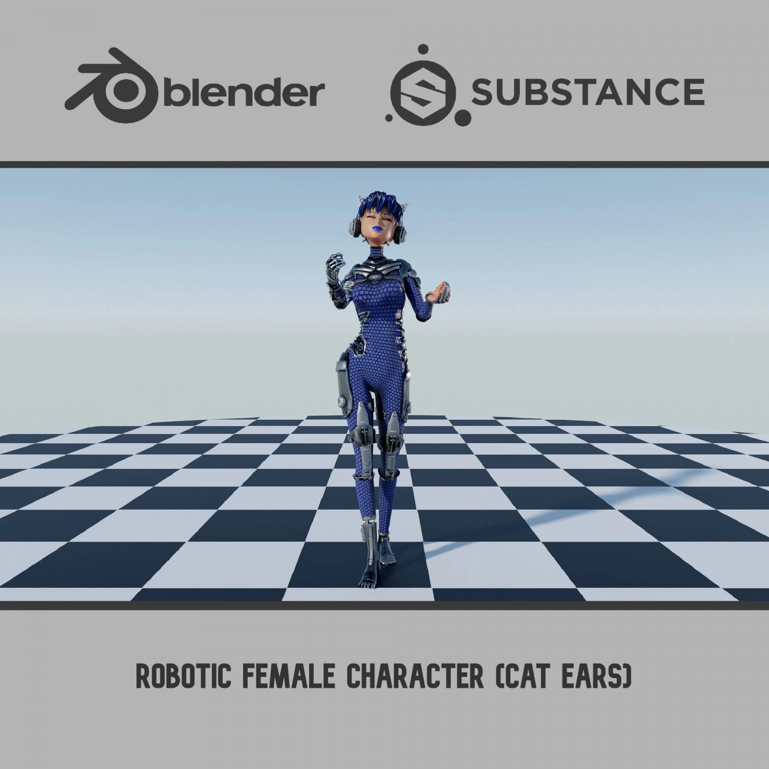 Robotic Female Character Cat ears 3D Model .c4d .max .obj .3ds .fbx .stl .blend 