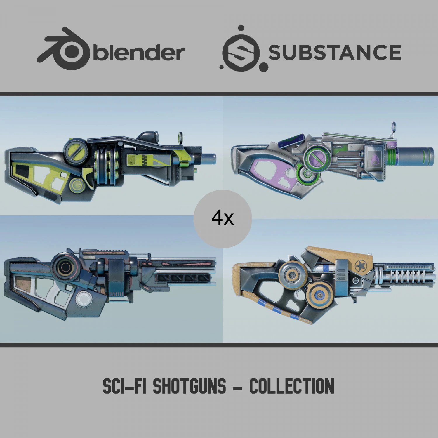 Sci-Fi Shotguns - Collection 3D Model .c4d .max .obj .3ds .fbx .stl .blend 