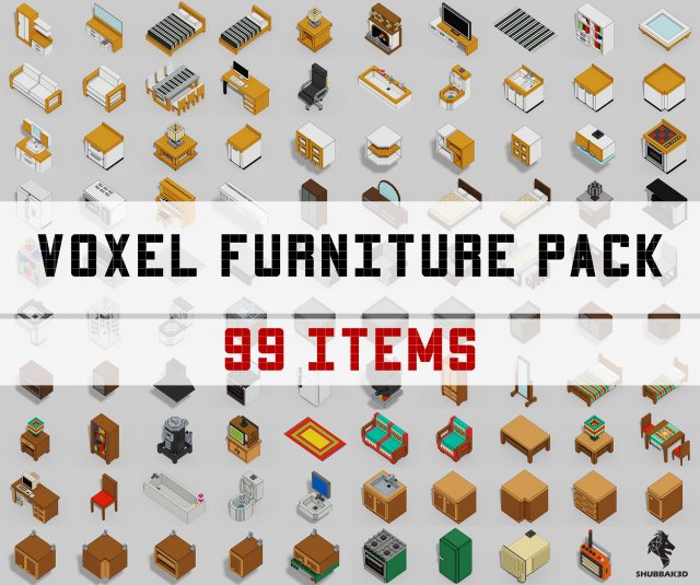 Voxel Furniture Pack 99 Items 3D Model .c4d .max .obj .3ds .fbx .stl .blend 