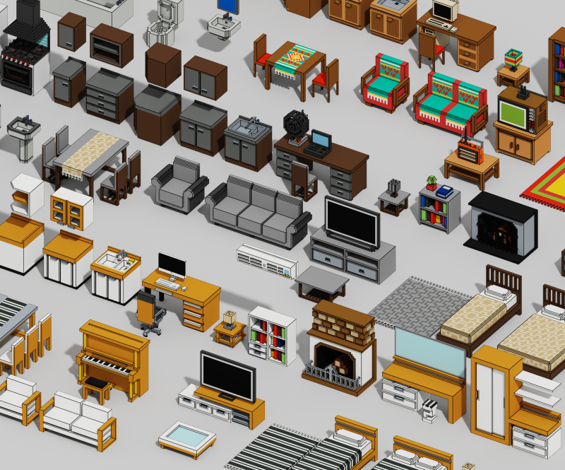 Voxel Furniture Pack 99 Items 3D 모델 .c4d .max .obj .3ds .fbx .stl .blend