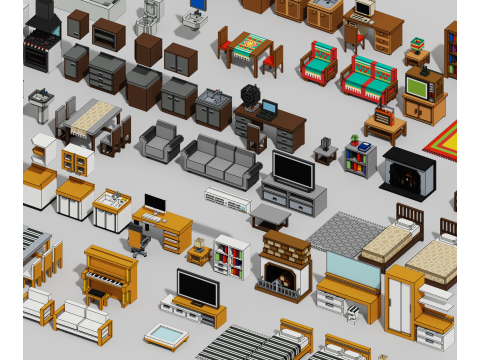 Voxel Furniture Pack 99 Items 3D 模型