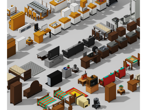 Voxel Furniture Pack 99 Items 3D 모델