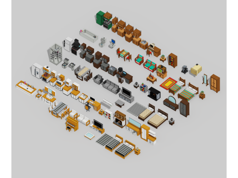 Voxel Furniture Pack 99 Items 3D 모델