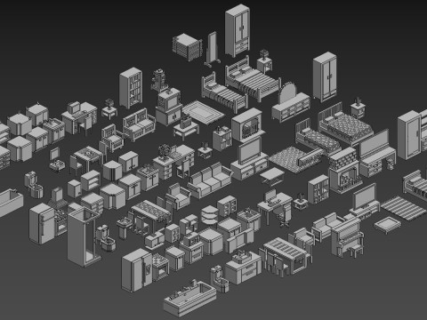 Voxel Furniture Pack 99 Items 3D 모델
