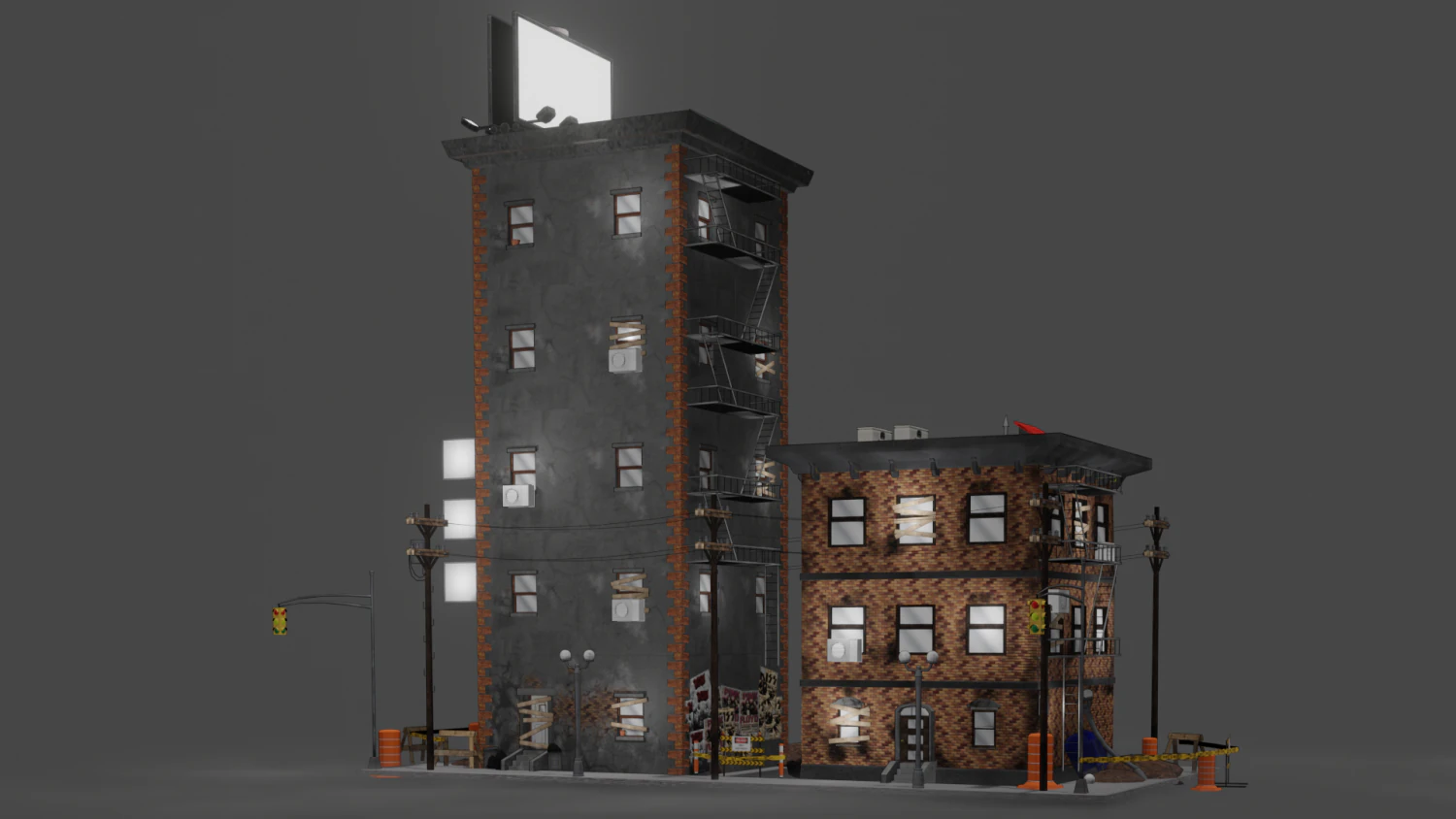Post apocalyptic buildings and props 3D Model .c4d .max .obj .3ds .fbx .stl .blend 