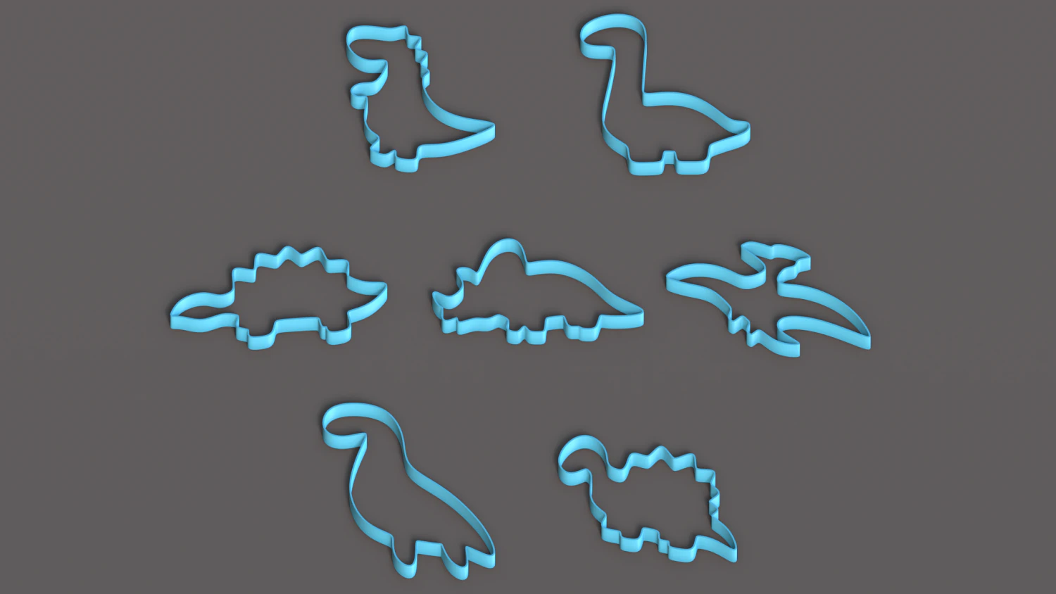 Set Of 7 Dinosaur Cookie Cutters 3D Model .c4d .max .obj .3ds .fbx .stl .blend 