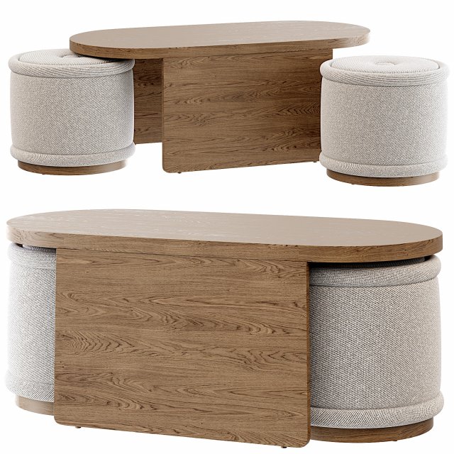 Union Oval Nesting Coffee Table with Stools 3D Model .c4d .max .obj .3ds .fbx .stl .blend 