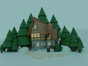 Casa medieval con un ajardinado alrededor. Modelo 3D
