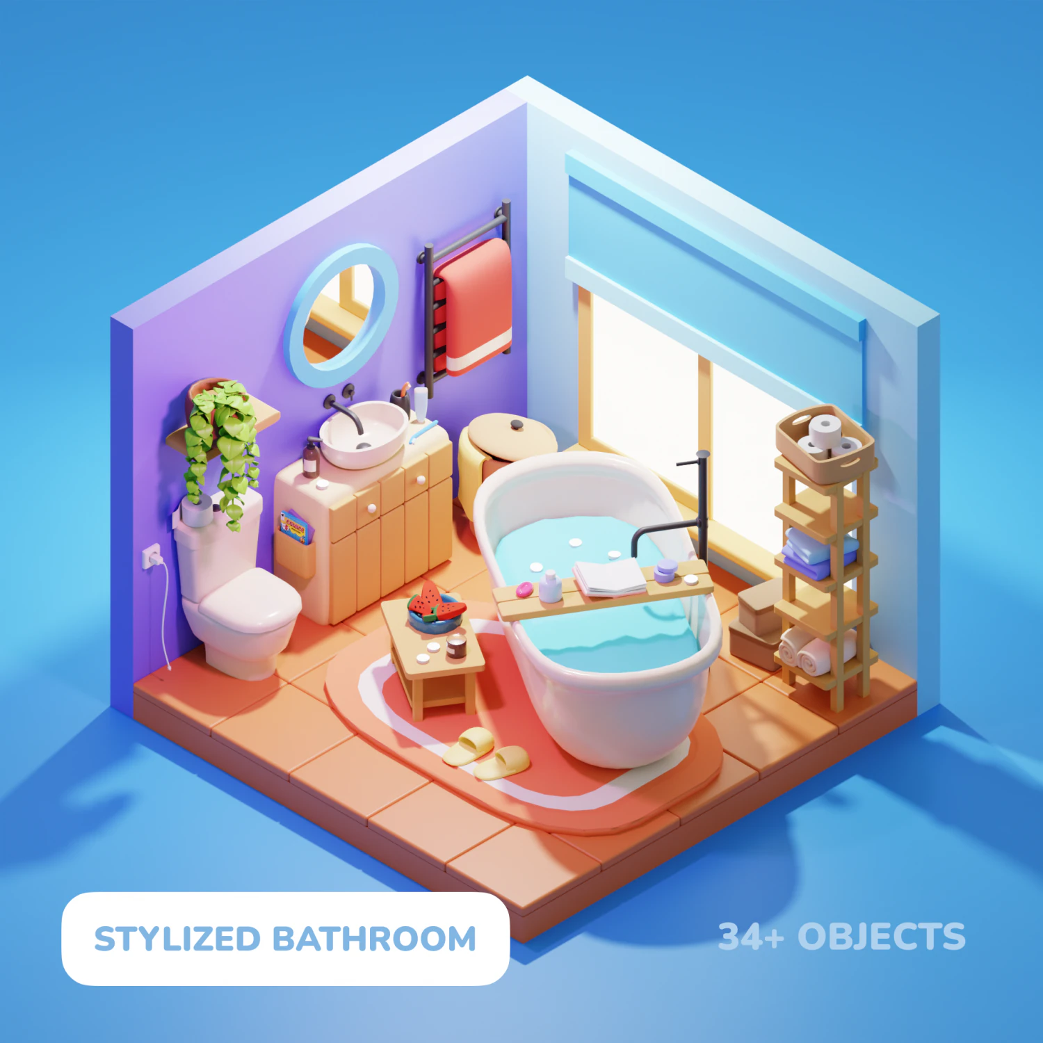 Isometric Stylized Cartoon Bathroom 34 items Pack Low-poly 3D Model .c4d .max .obj .3ds .fbx .stl .blend 