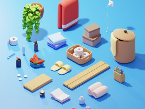 Isometric Stylized Cartoon Bathroom 34 items Pack Low-poly 3D Model