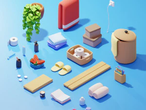 Isometric Stylized Cartoon Bathroom 34 items Pack Low-poly 3D Model
