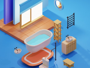 Isometric Stylized Cartoon Bathroom 34 items Pack Low-poly 3D Model