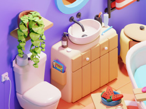 Isometric Stylized Cartoon Bathroom 34 items Pack Low-poly 3D Model