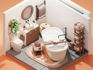 Isometric Stylized Cartoon Bathroom 34 items Pack Low-poly 3D Model