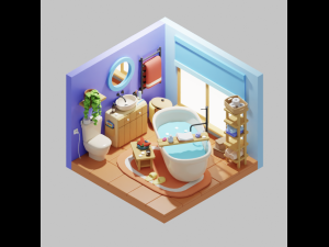 Isometric Stylized Cartoon Bathroom 34 items Pack Low-poly 3D Model