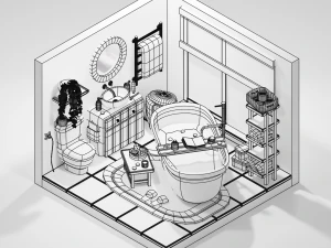 Isometric Stylized Cartoon Bathroom 34 items Pack Low-poly 3D Model