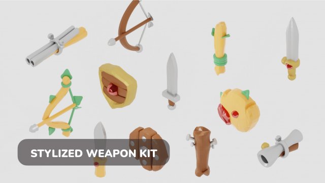 Medieval RPG Fantasy Stylized Weapons in Cartoon Style 12 items Low-poly Model 3D .c4d .max .obj .3ds .fbx .stl .blend 