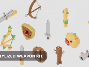 Karikat&uuml;r Tarzında Orta &Ccedil;ağ RPG Fantazi Stilize Silahları 12 &ouml;ğe D&uuml;ş&uuml;k Poli 3D Model