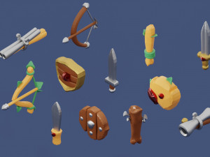 Medieval RPG Fantasy Stylized Weapons in Cartoon Style 12 items Low-poly Model 3D