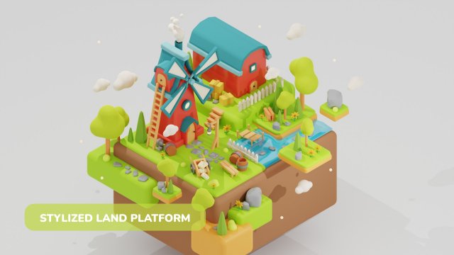 Stylized Land Platform Windmill Environment Game Ready Landscape Low-poly 3D Model .c4d .max .obj .3ds .fbx .stl .blend 
