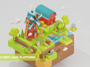 Stilisierte Landplattform-Windm&uuml;hlenumgebung, spielbereite Landschaft, Low-Poly 3D Modell