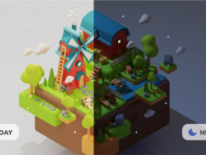 Stylized Land Platform Windmill Environment Game Ready Landscape Low-poly 3D Model