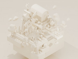 Stylized Land Platform Windmill Environment Game Ready Landscape Low-poly 3D Model