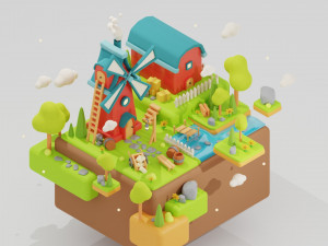 Stylized Land Platform Windmill Environment Game Ready Landscape Low-poly 3D Model