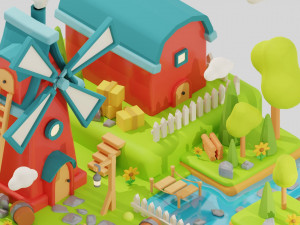 Stylized Land Platform Windmill Environment Game Ready Landscape Low-poly 3D Model