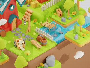 Stylized Land Platform Windmill Environment Game Ready Landscape Low-poly 3D Model