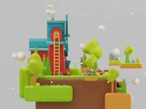 Stylized Land Platform Windmill Environment Game Ready Landscape Low-poly 3D Model