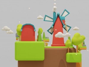 Stylized Land Platform Windmill Environment Game Ready Landscape Low-poly 3D Model