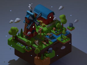 Stylized Land Platform Windmill Environment Game Ready Landscape Low-poly 3D Model