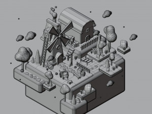 Stylized Land Platform Windmill Environment Game Ready Landscape Low-poly 3D Model