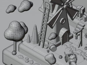 Stylized Land Platform Windmill Environment Game Ready Landscape Low-poly 3D Model
