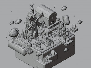 Stylized Land Platform Windmill Environment Game Ready Landscape Low-poly 3D Model