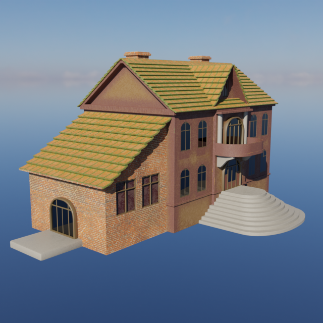 Old two-story house Low-poly Model 3D .c4d .max .obj .3ds .fbx .stl .blend