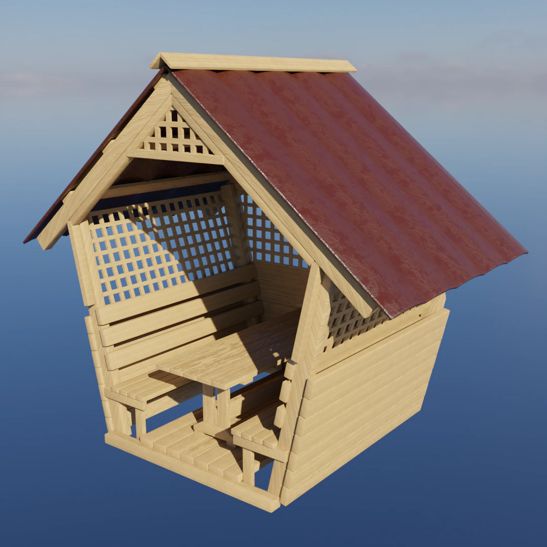 Wooden gazebo for relaxation Low-poly 3D Model .c4d .max .obj .3ds .fbx .stl .blend 