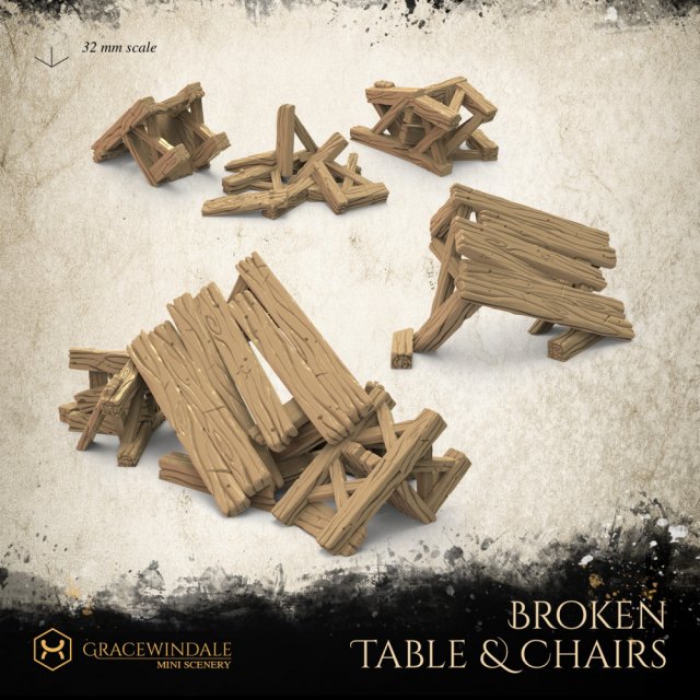 Broken Table and Chairs 3D Print Model .c4d .max .obj .3ds .fbx .stl .blend 