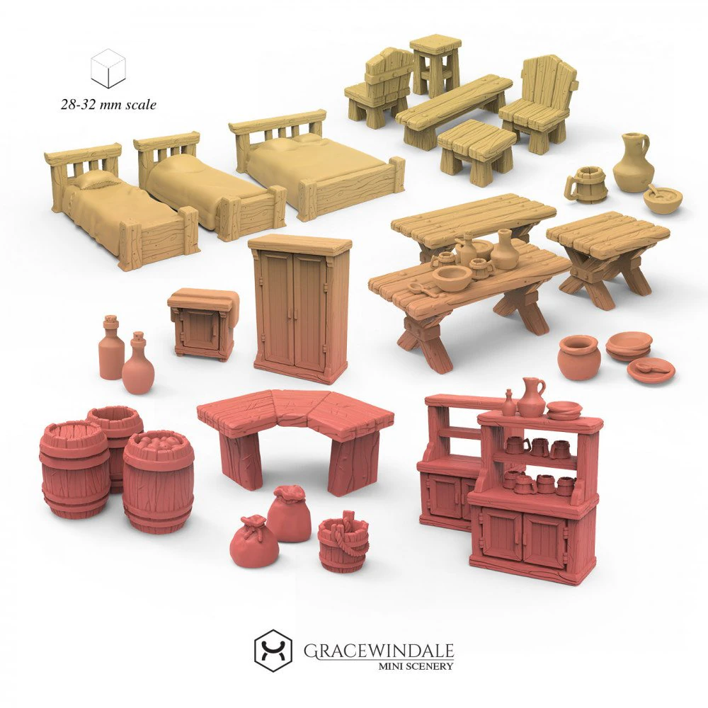 Tavern Furniture and Props Set 3D Print Model .c4d .max .obj .3ds .fbx .stl .blend 
