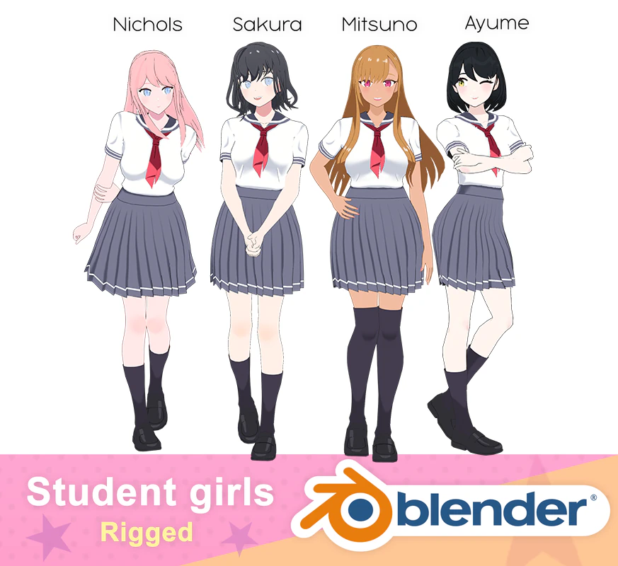 Student girls 3D Model .c4d .max .obj .3ds .fbx .stl .blend 
