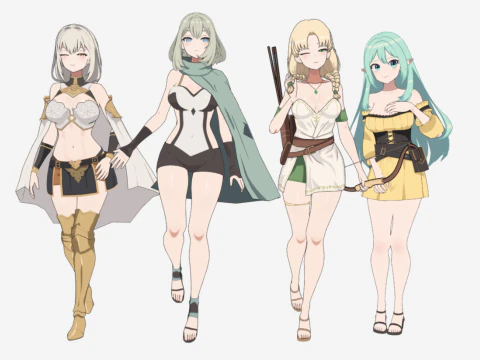 Anime RPG Filles Guerrier Druide Archer Mage Modèle 3D