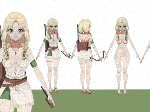 Anime RPG Girls Warrior Druid Archer Mage Modelo 3D