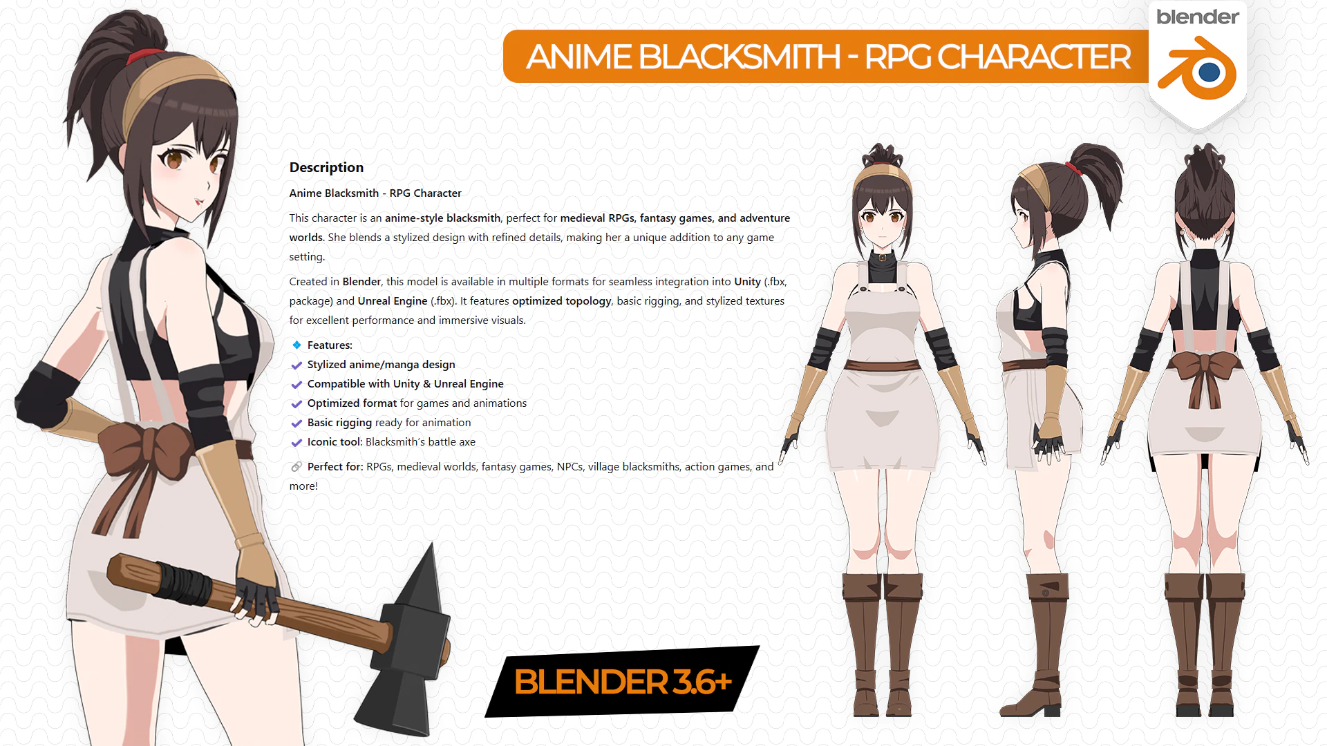 Anime Blacksmith - RPG Character 3D Model .c4d .max .obj .3ds .fbx .stl .blend 