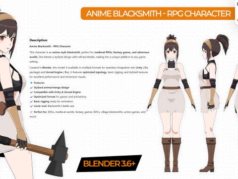 Anime Blacksmith - RPG Character 3D Модель