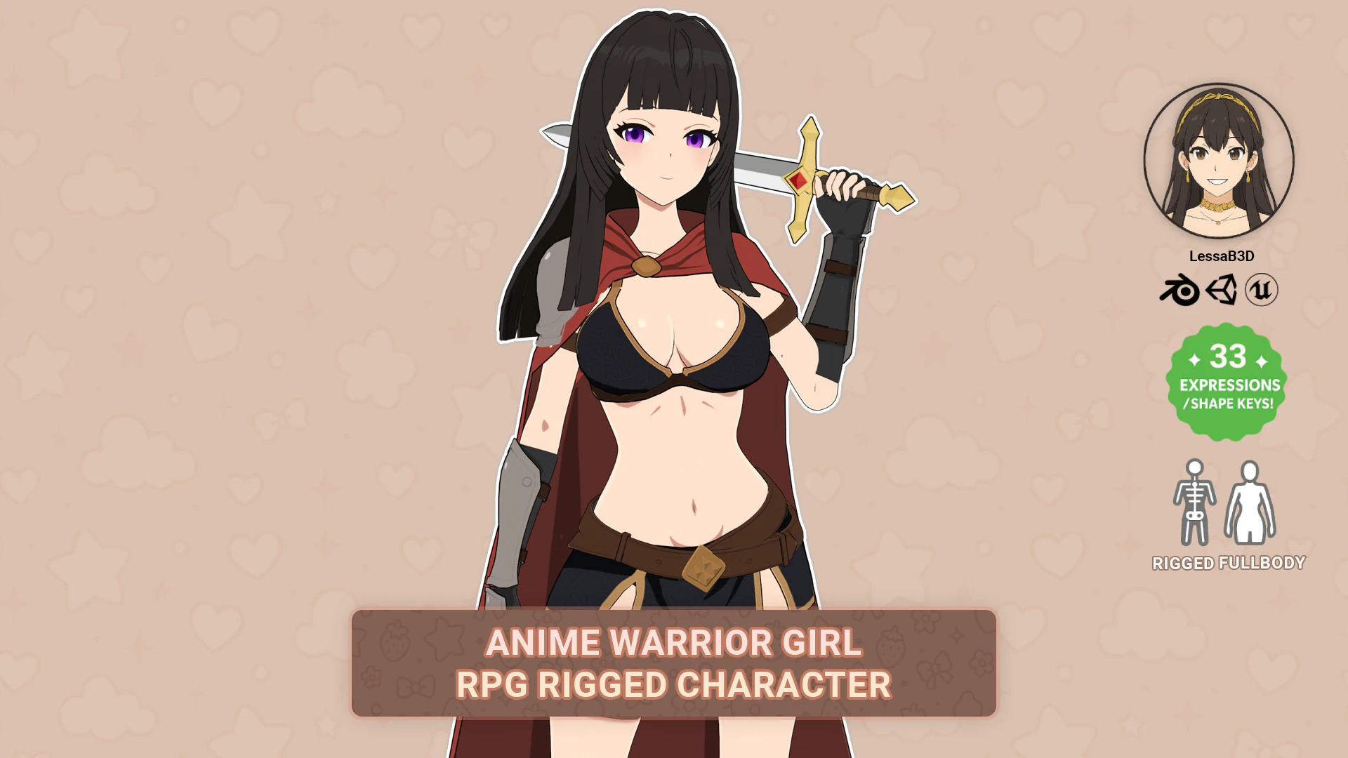 Anime Warrior Girl - RPG Rigged Character 3D Model .c4d .max .obj .3ds .fbx .stl .blend 