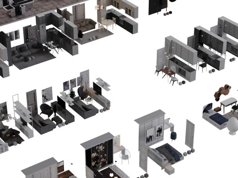 Facade with lowpoly interiors 3D Model