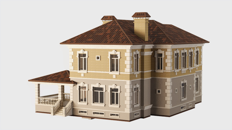 Two-storey house with a tiled roof 3D Model .c4d .max .obj .3ds .fbx .stl .blend