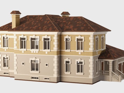 Two-storey house with a tiled roof 3D Model