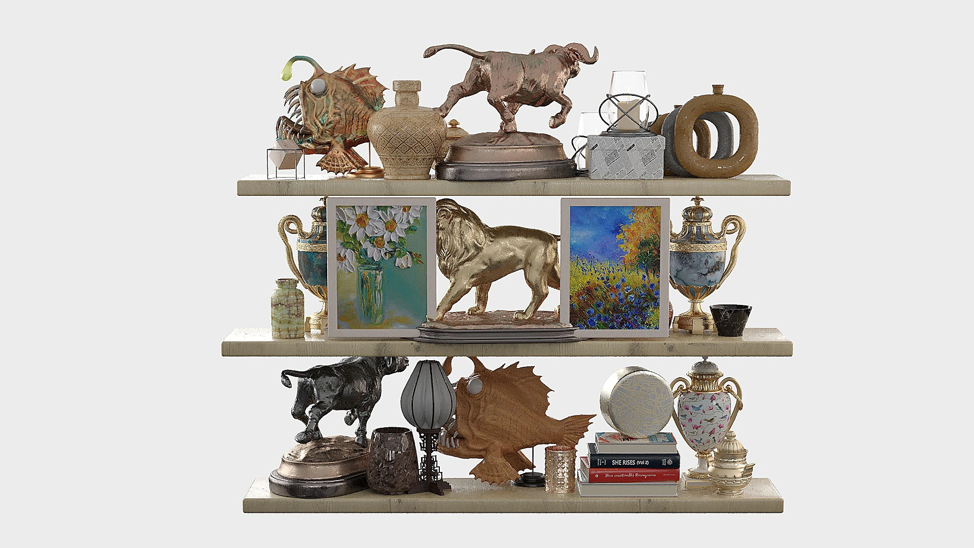 Shelf with decorative figures 3D Model .c4d .max .obj .3ds .fbx .stl .blend 